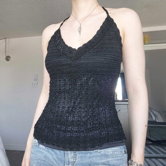 Vintage Y2K elegant Le Chateau beaded black crochet halter top for summer - Picture 1 of 16
